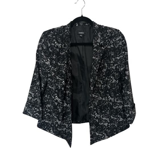 ELEMENTS Black White Lace Blazer Small Open Front Asymmetrical Hem EUC - Picture 1 of 3